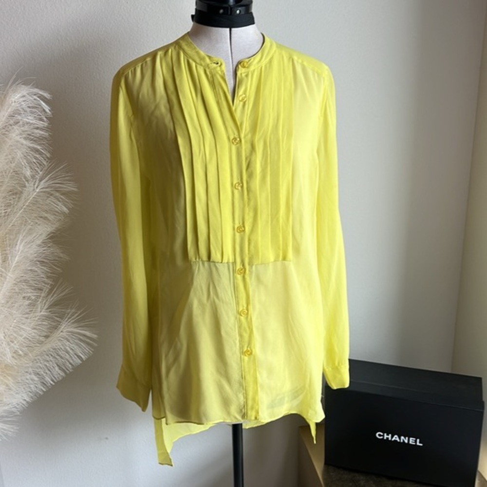 BCBG chartreuse silk sheer long sleeve blouse